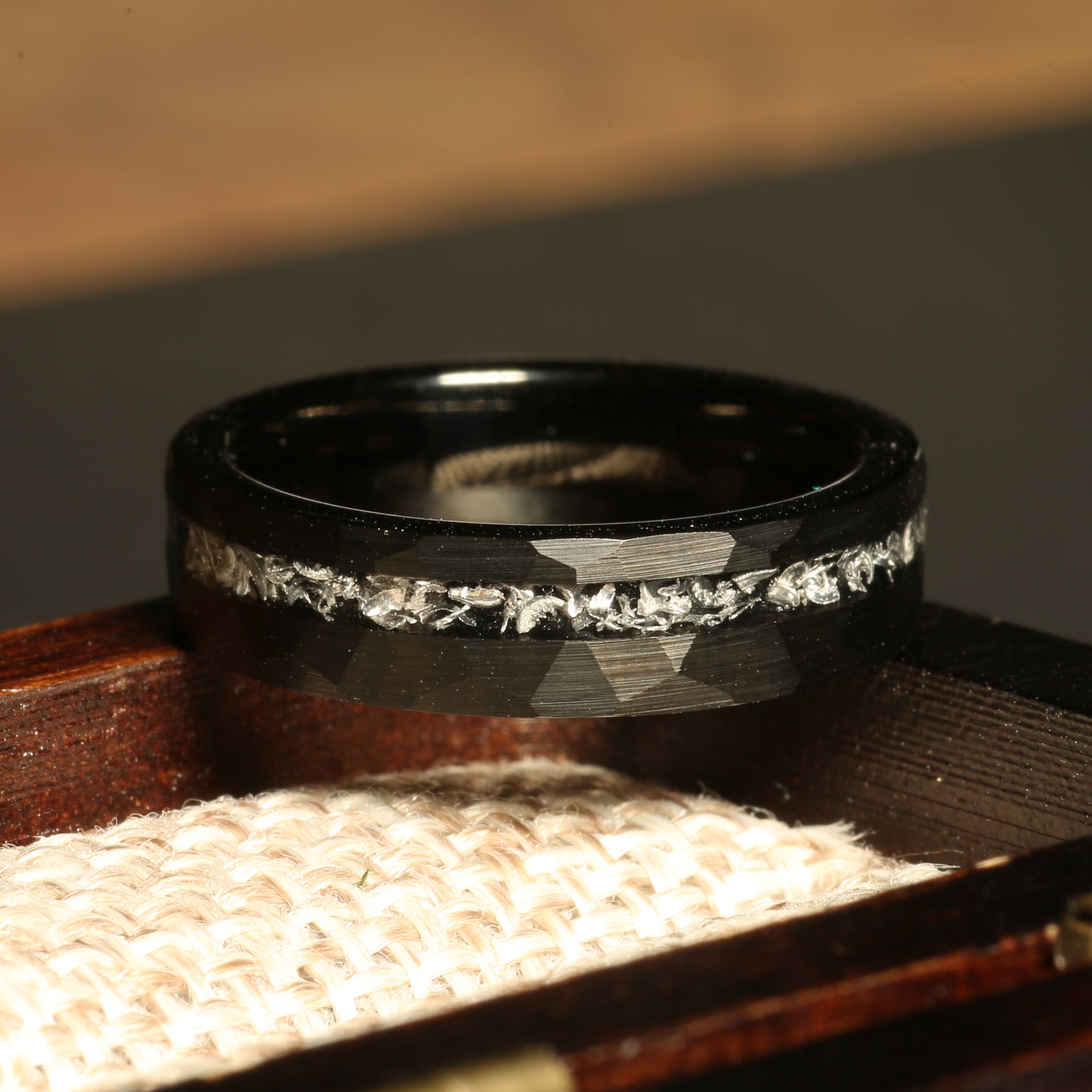 Black Hammered Meteorite Ring for Women | 4mm Tungsten Band