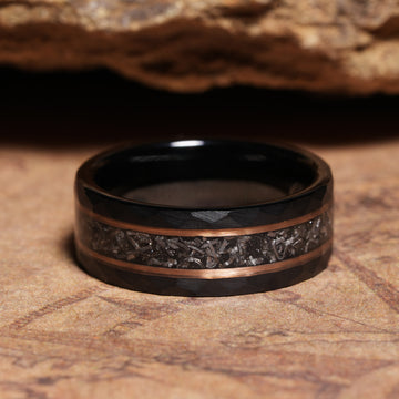 Meteorite Rose Gold Strip Wedding Band for Men | 8mm Black Hammered Tungsten Ring 2