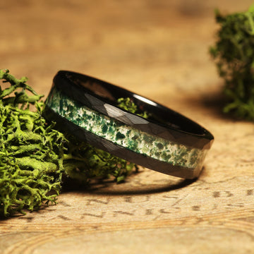 Moss Agate Wedding Band for Him or Her | 6mm Black Hammered Tungsten Ring 2