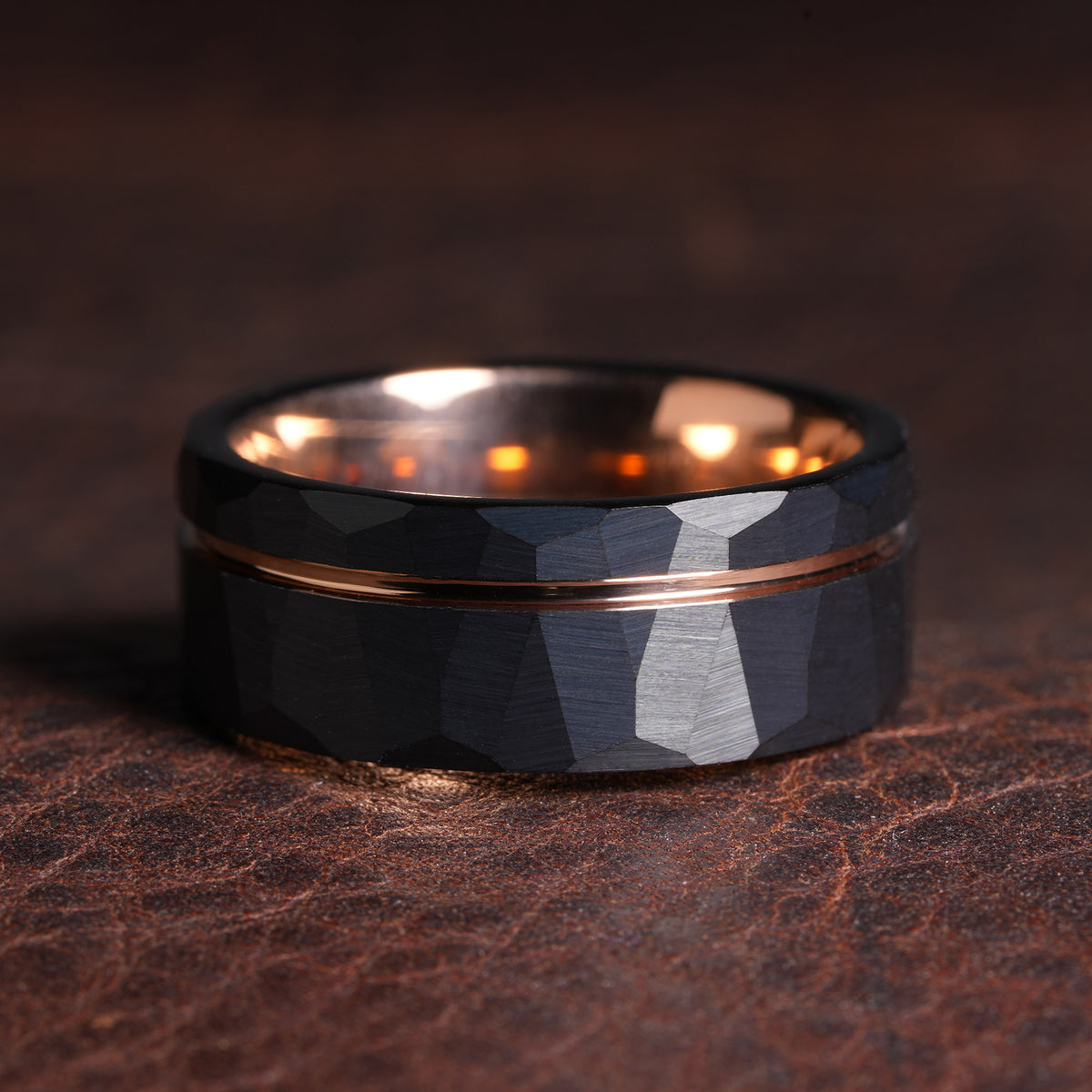 Mens Rose Gold Strip Hammered Tungsten Wedding Band | 8mm Comfort Fit Ring