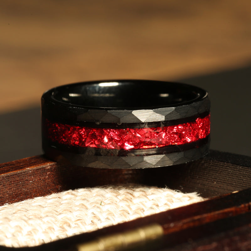 Black hammered ruby ring for men with rugged tungsten texture