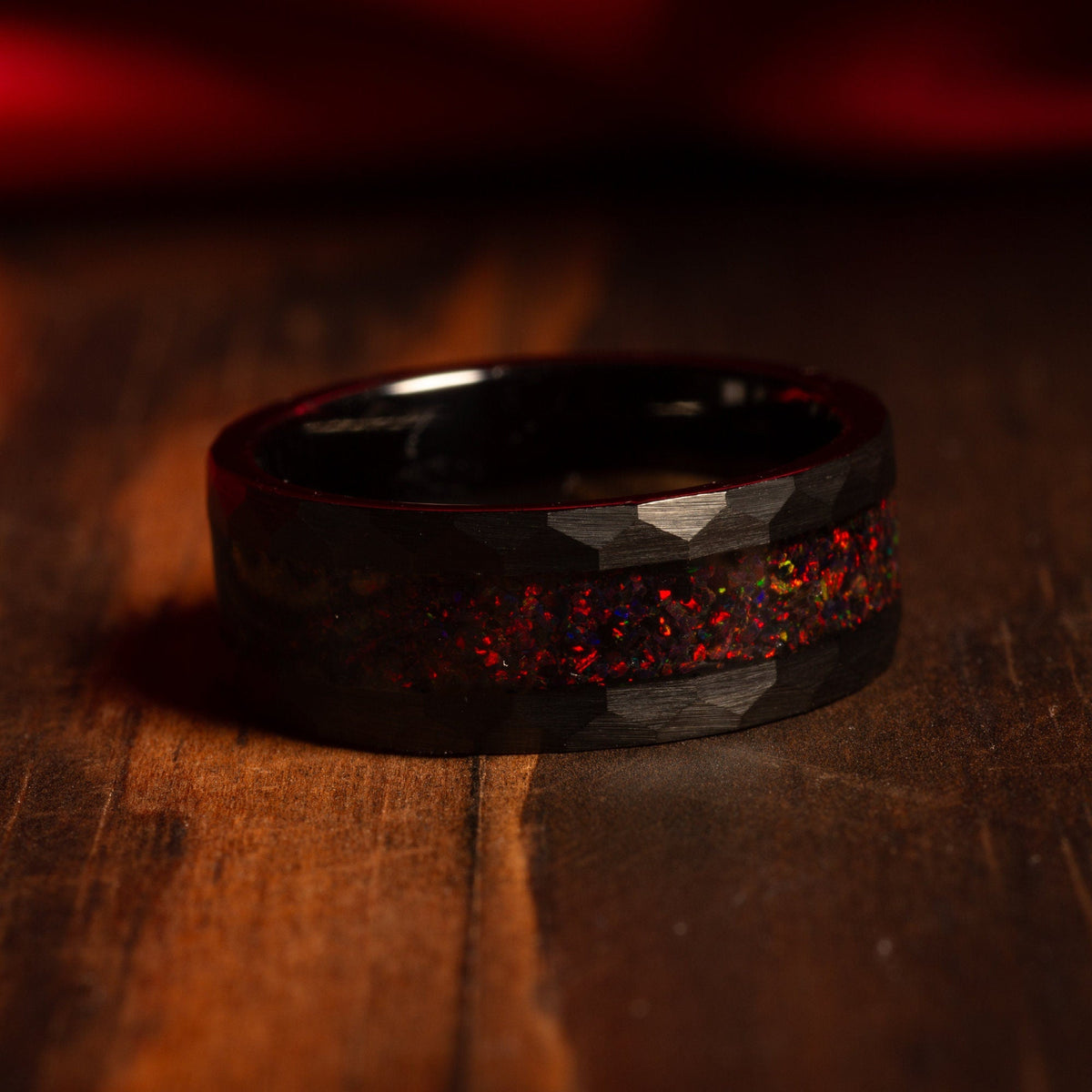 Black hammered tungsten fire opal ring set for his and hers