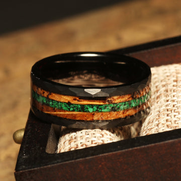 Malachite Whiskey Barrel Wedding Band for Men | 8mm Black Hammered Tungsten Ring 6