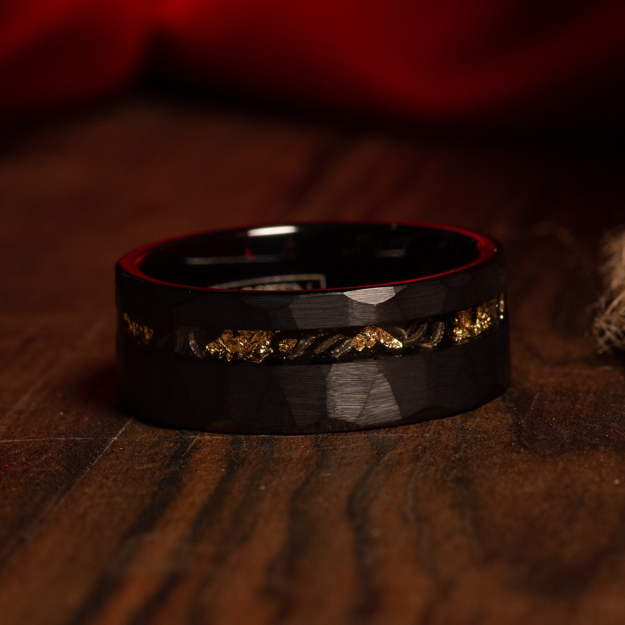 Meteorite Gold Leaf Matching Wedding Band Set | His and Hers Black Hammered Tungsten Rings