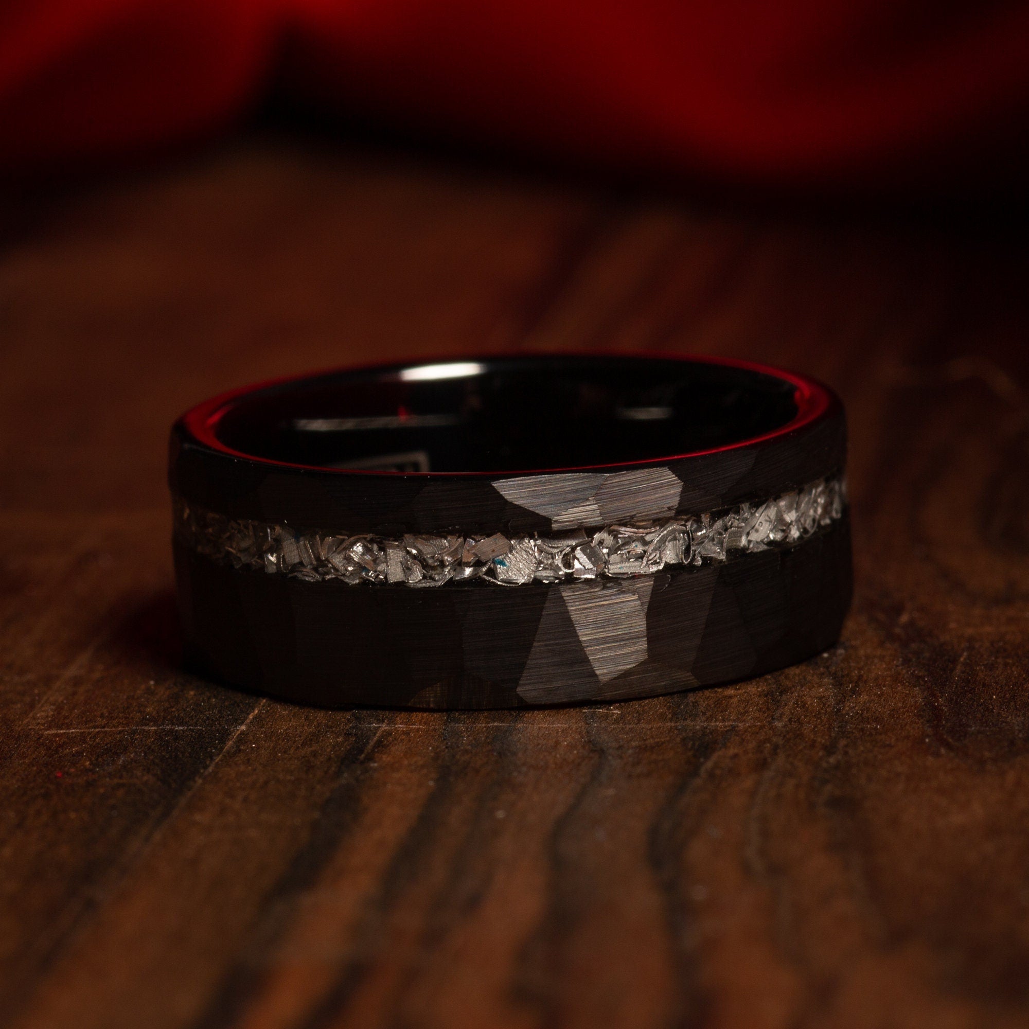 Meteorite Matching Wedding Band Set | His and Hers Black Hammered Tungsten Rings