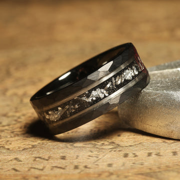 Meteorite Silver Leaf Wedding Band for Men | 8mm Black Hammered Tungsten Ring 6