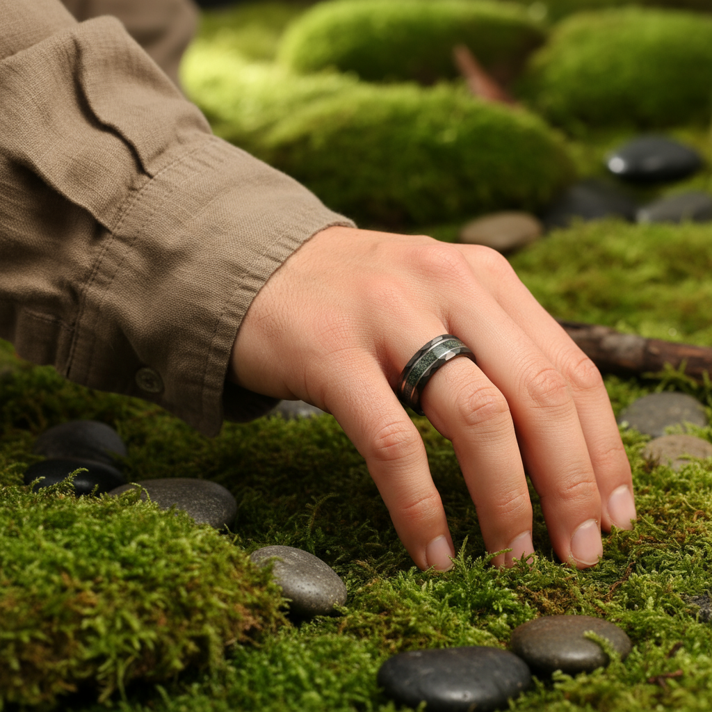 Black hammered tungsten moss agate ring with silver center strip