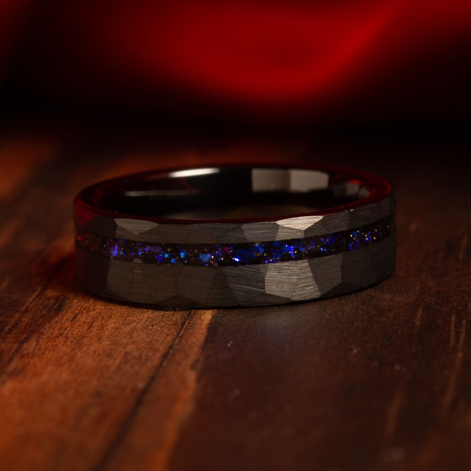 Nebula Sandstone Meteorite Matching Wedding Band Set | His and Hers Black Hammered Tungsten Rings