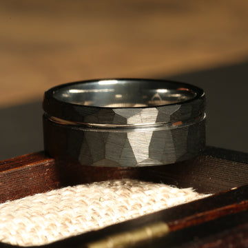Black Hammered Tungsten Wedding Band for Men | 8mm Silver Interior Ring 2