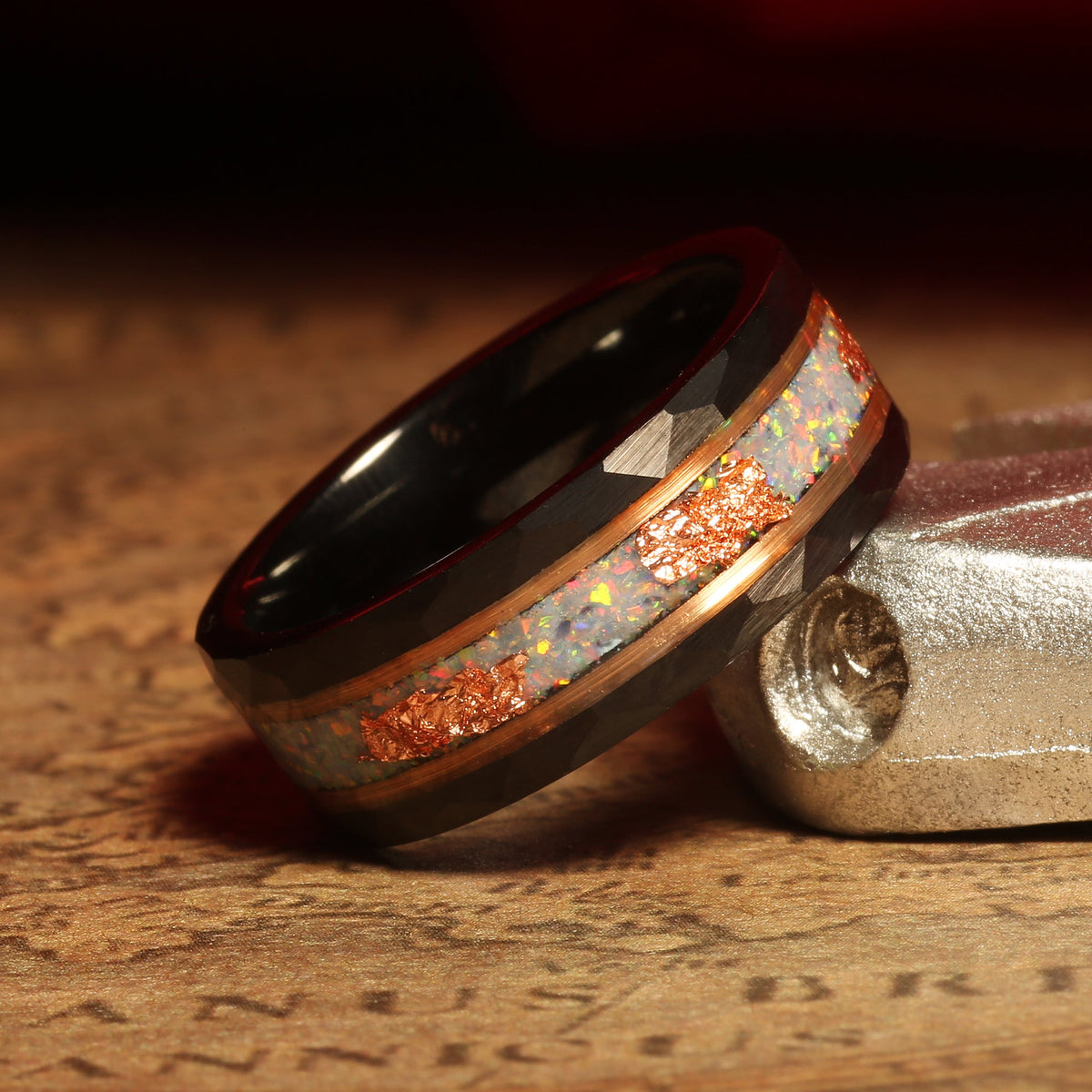 Black hammered tungsten white opal ring for men with rose gold strip