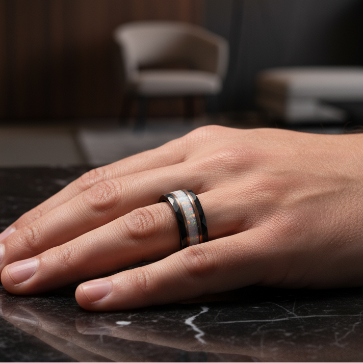 Black hammered white opal ring for men with rose gold accents