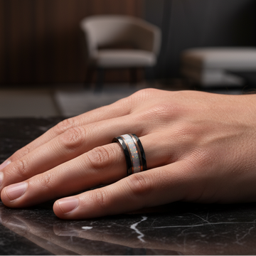 White Opal Rose Gold Strip Wedding Band for Men | 8mm Black Hammered Tungsten Ring 2