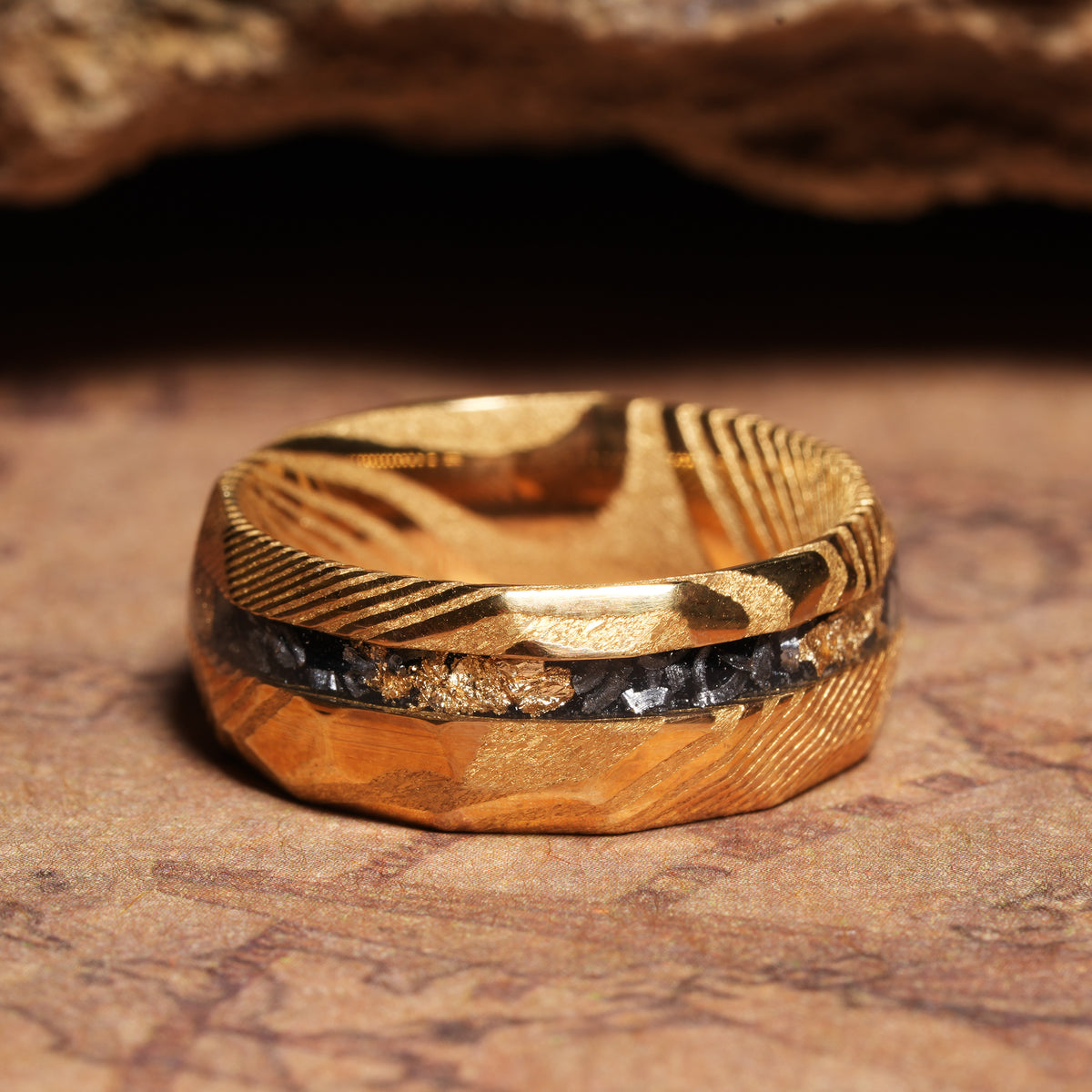 Black obsidian meteorite Damascus ring with 24k gold leaf accent
