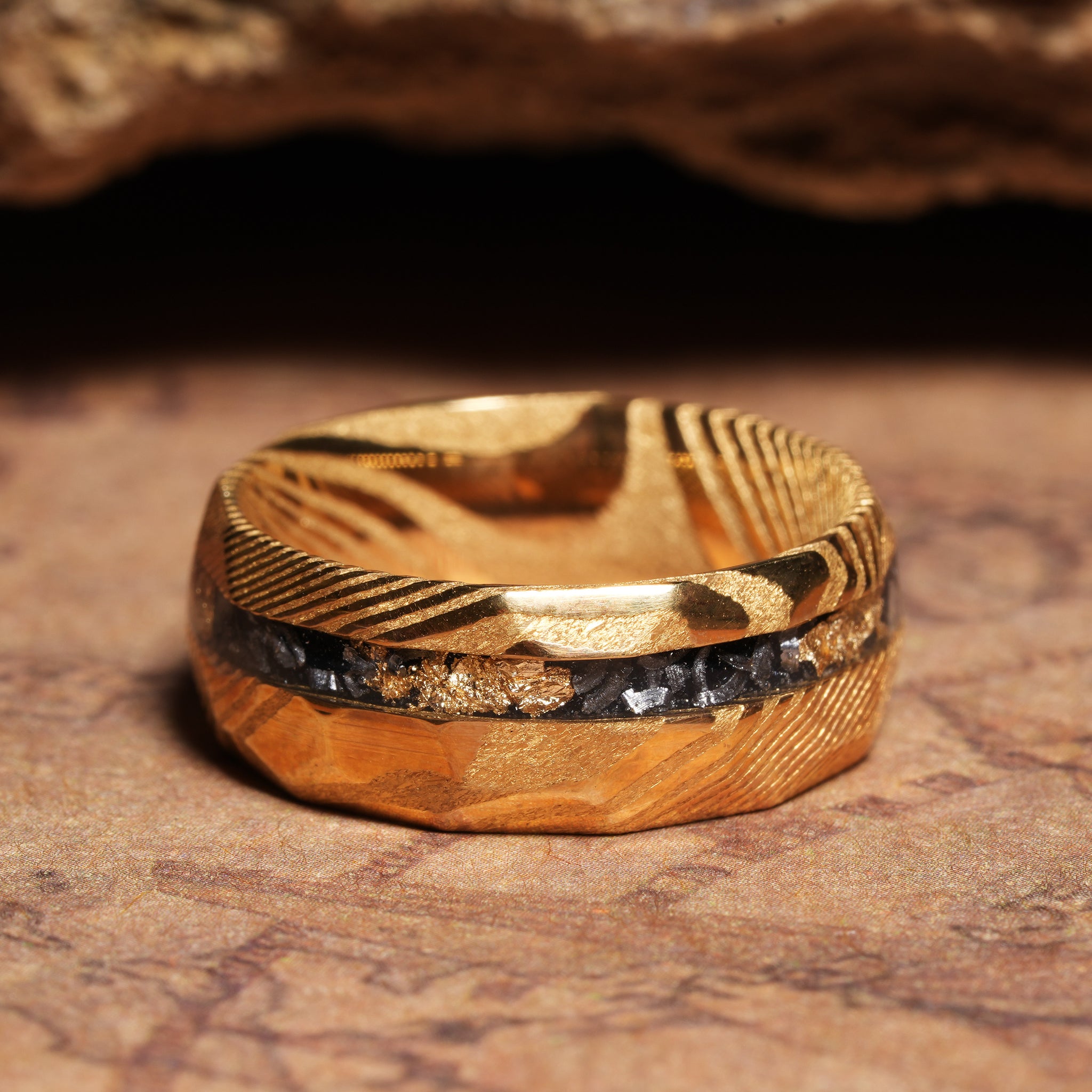Meteorite Obsidian Gold Leaf Damascus Wedding Band for Men | 8mm Forged Ring