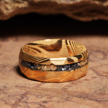 Meteorite Obsidian Gold Leaf Damascus Wedding Band for Men | 8mm Forged Ring 8
