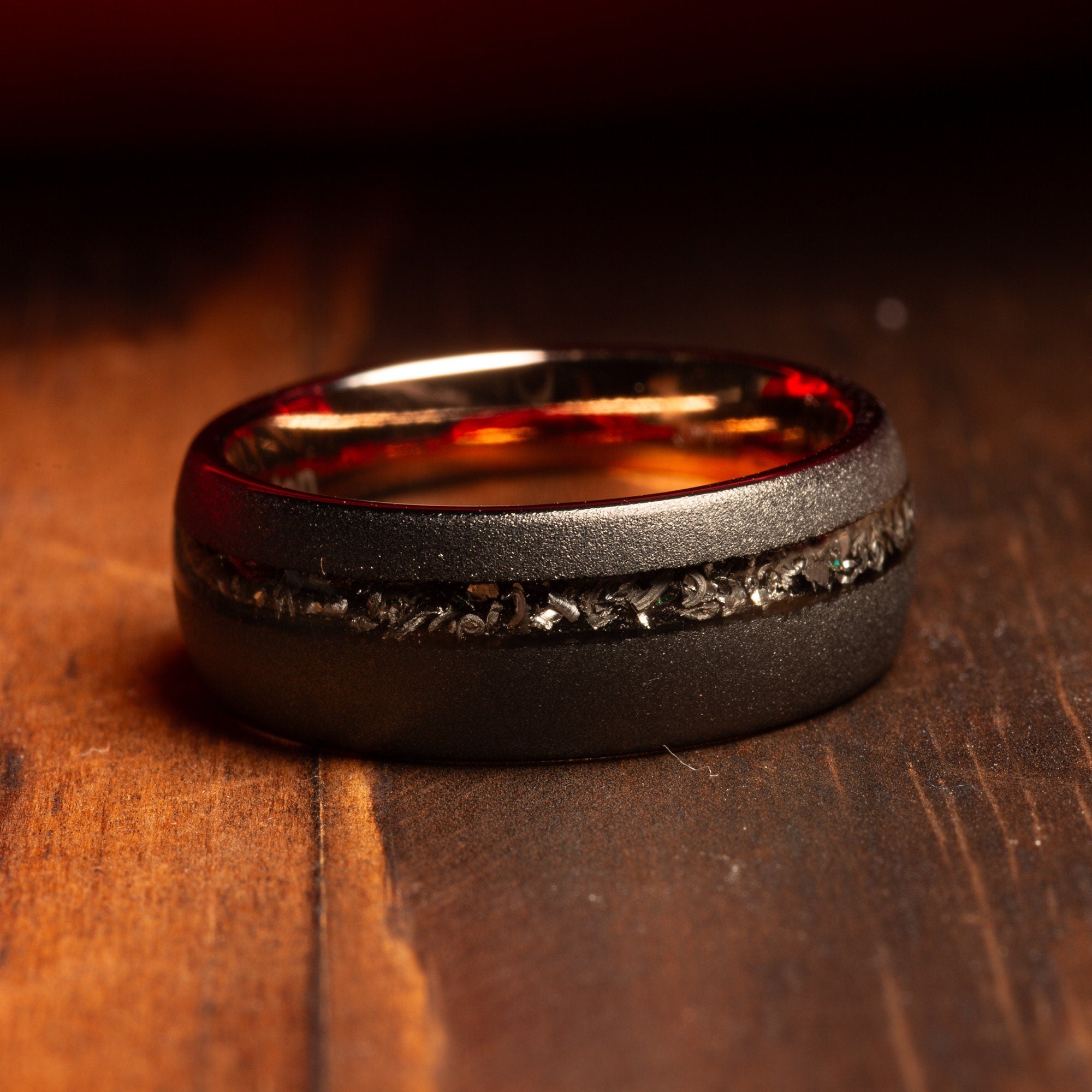 Meteorite Wedding Band for Men | 8mm Black Rose Gold Tungsten Ring