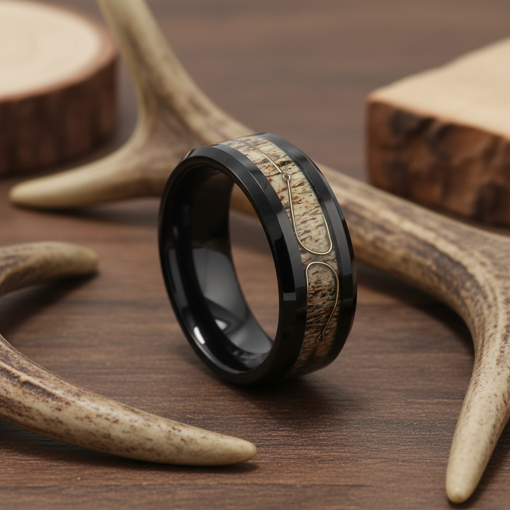 Black tungsten antler hook band for men with rugged wilderness style