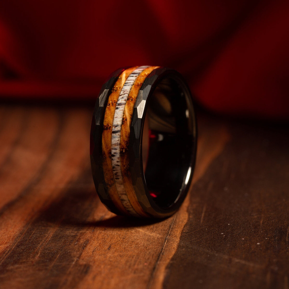 Black tungsten charred whiskey barrel ring for men with antler