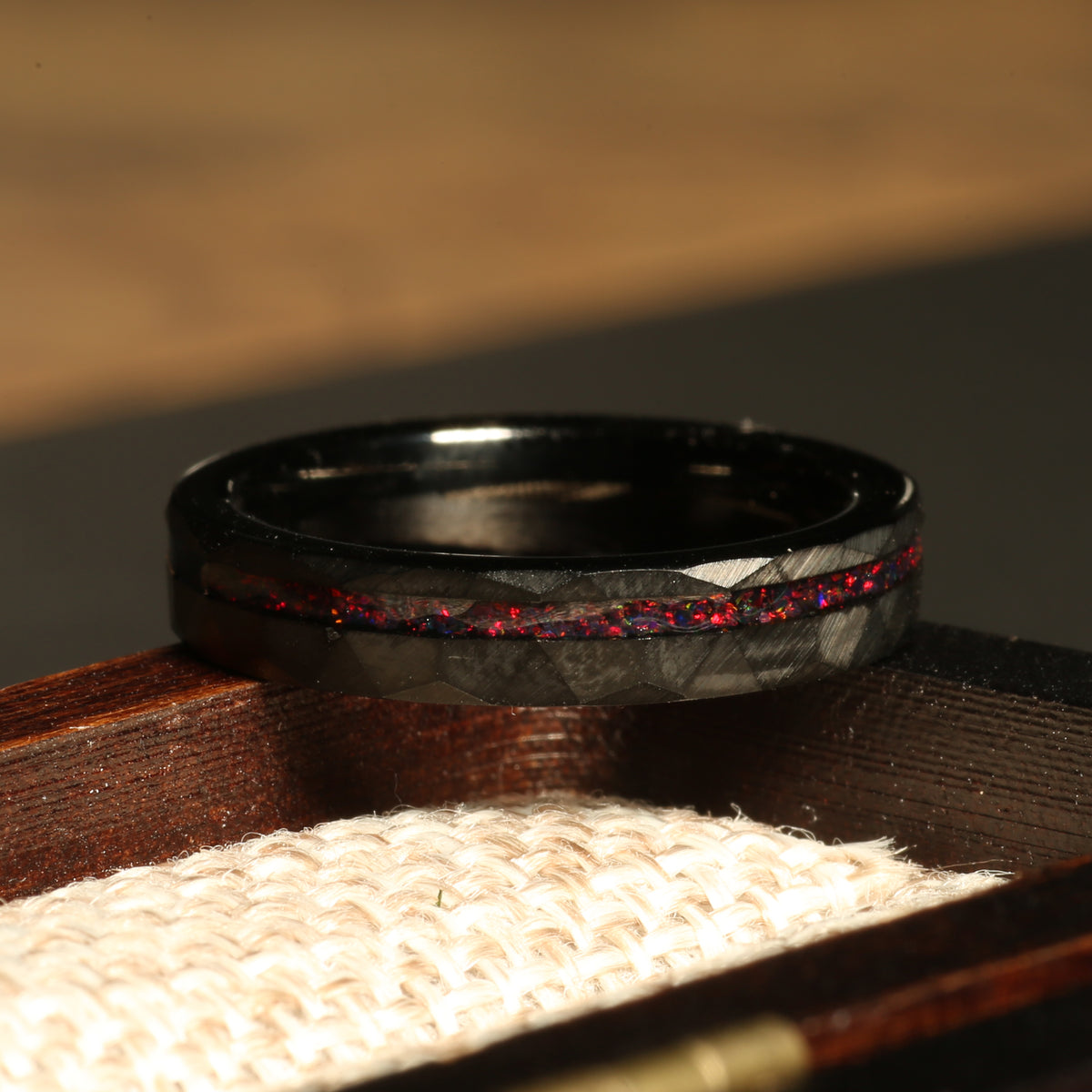 Black tungsten fire opal ring for women with hammered finish