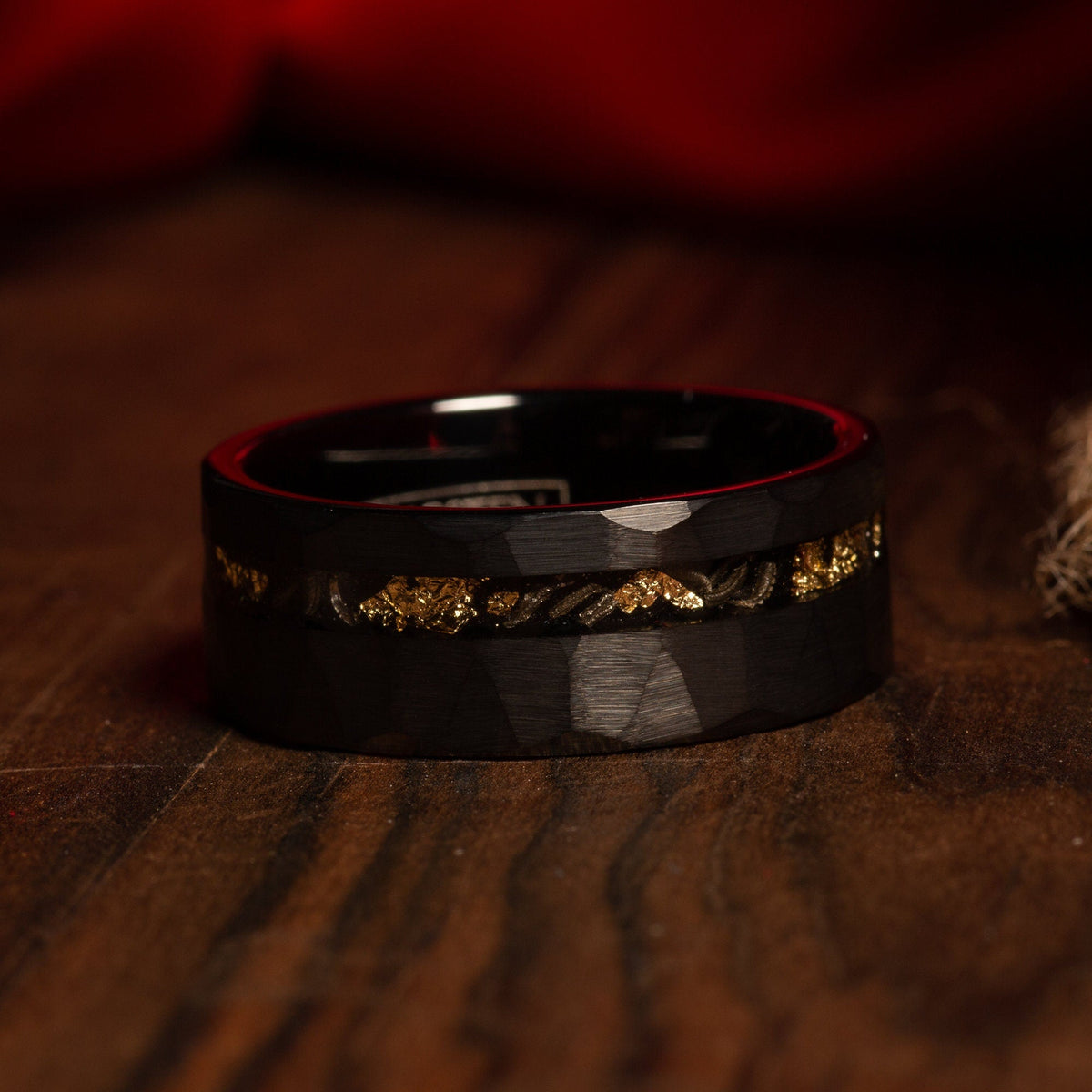 Black tungsten gold leaf meteorite band for men