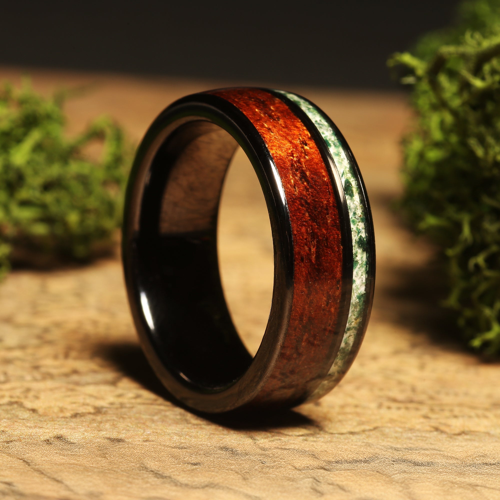Koa Wood Moss Agate Wedding Band for Men | 8mm Black Tungsten Ring