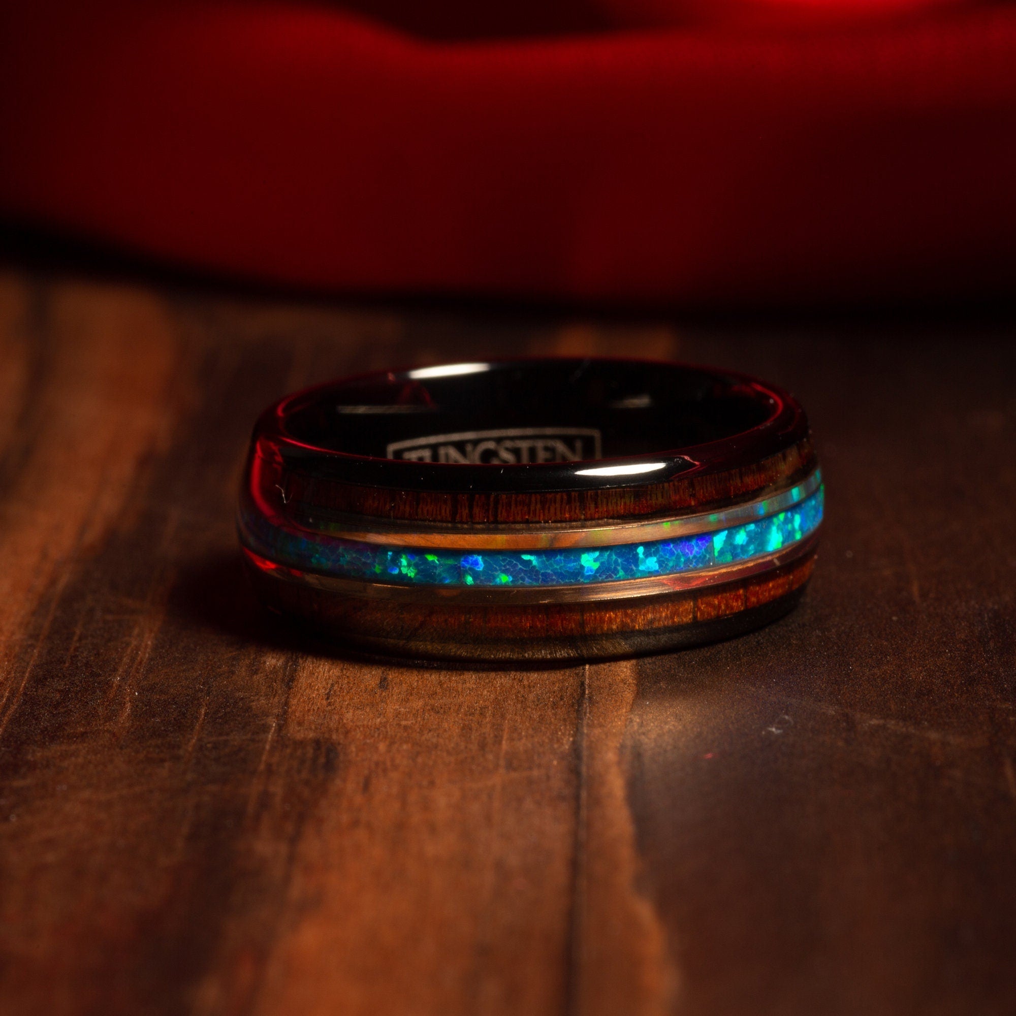 Koa Wood Blue Opal Wedding Band for Men | 8mm Black Tungsten Ring