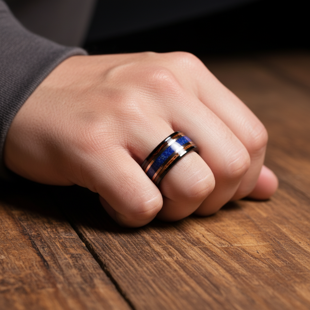 Whiskey Barrel Lapis Lazuli Wedding Band for Men | 8mm Black Tungsten Ring