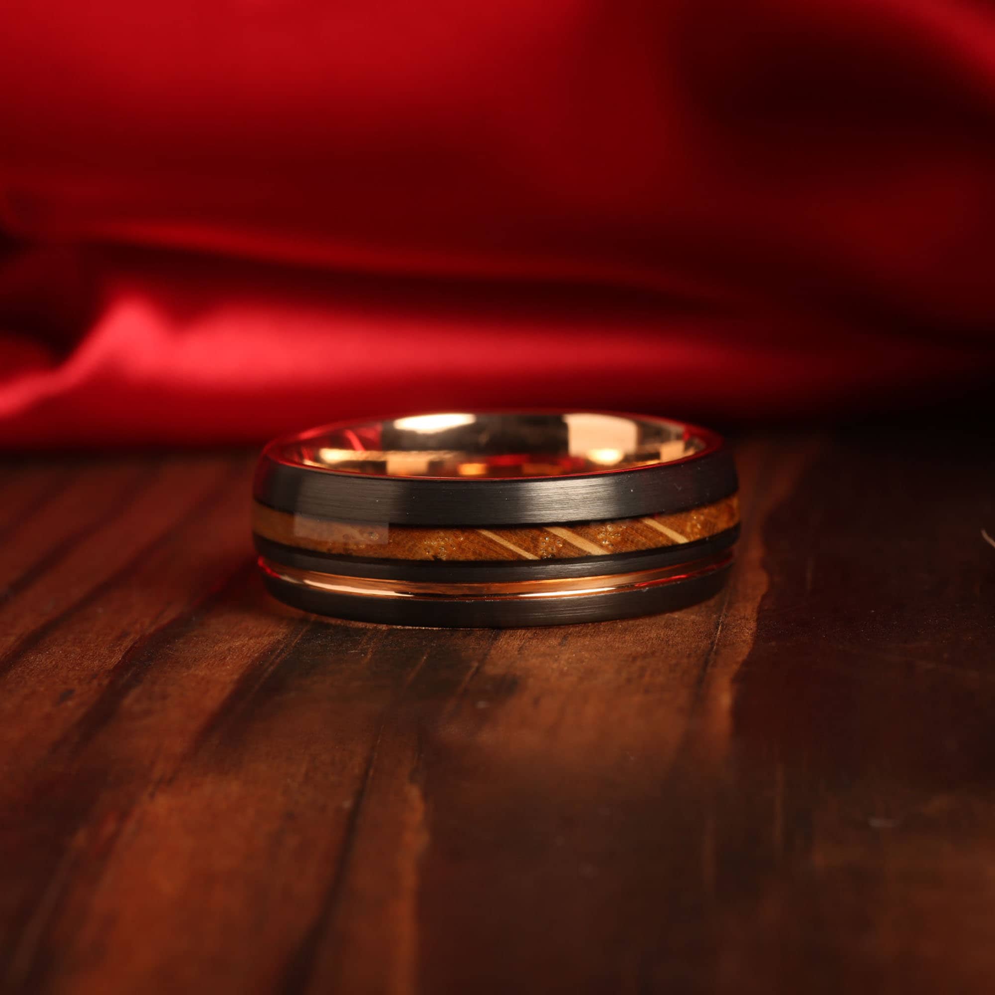 Whiskey Barrel Wedding Band for Men | Black Tungsten Ring with Rose Gold Interior
