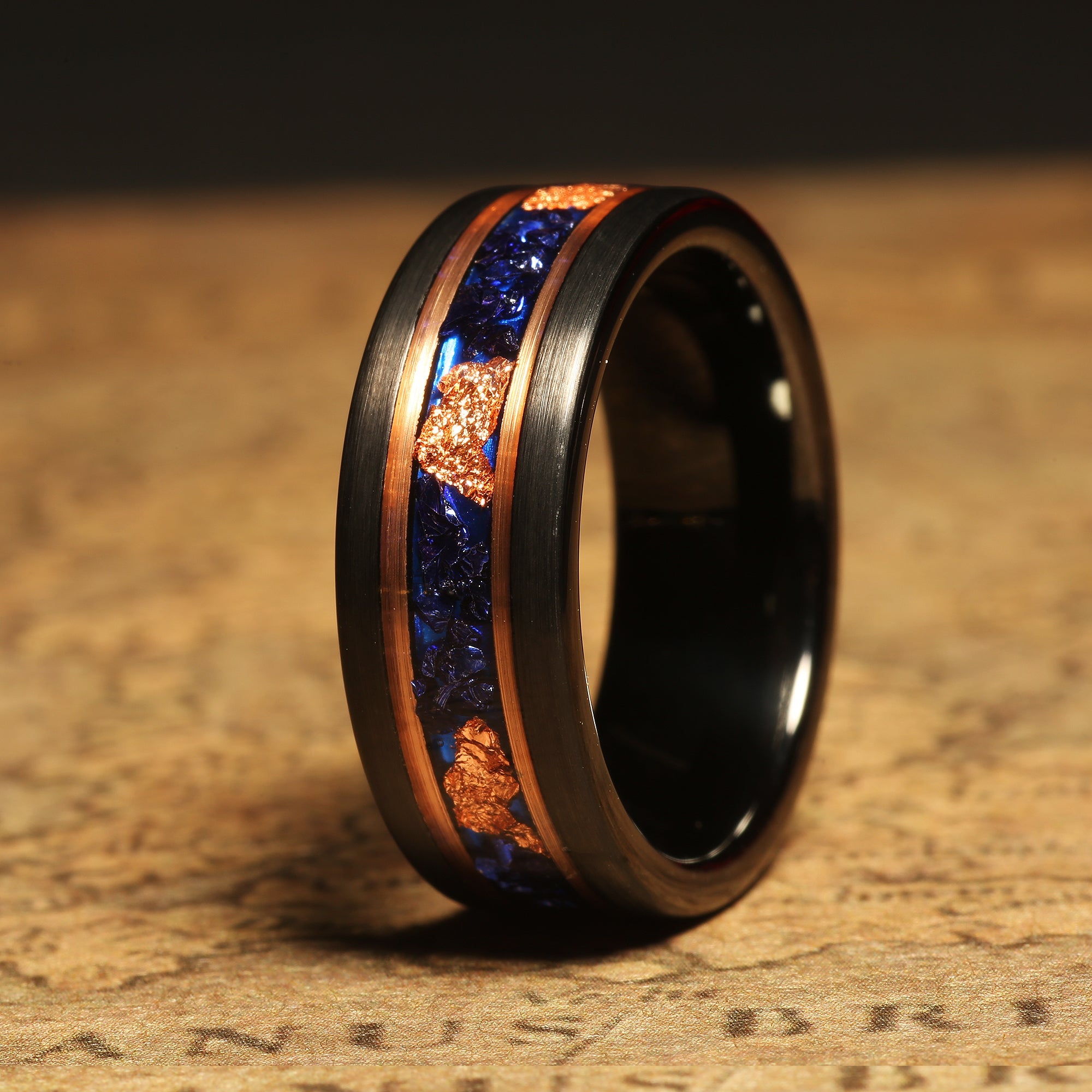 Blue Sapphire Gold Leaf Wedding Band for Men | 8mm Black Tungsten Ring