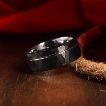 Black Hammered Tungsten Wedding Band for Men | 8mm Silver Interior Ring 6