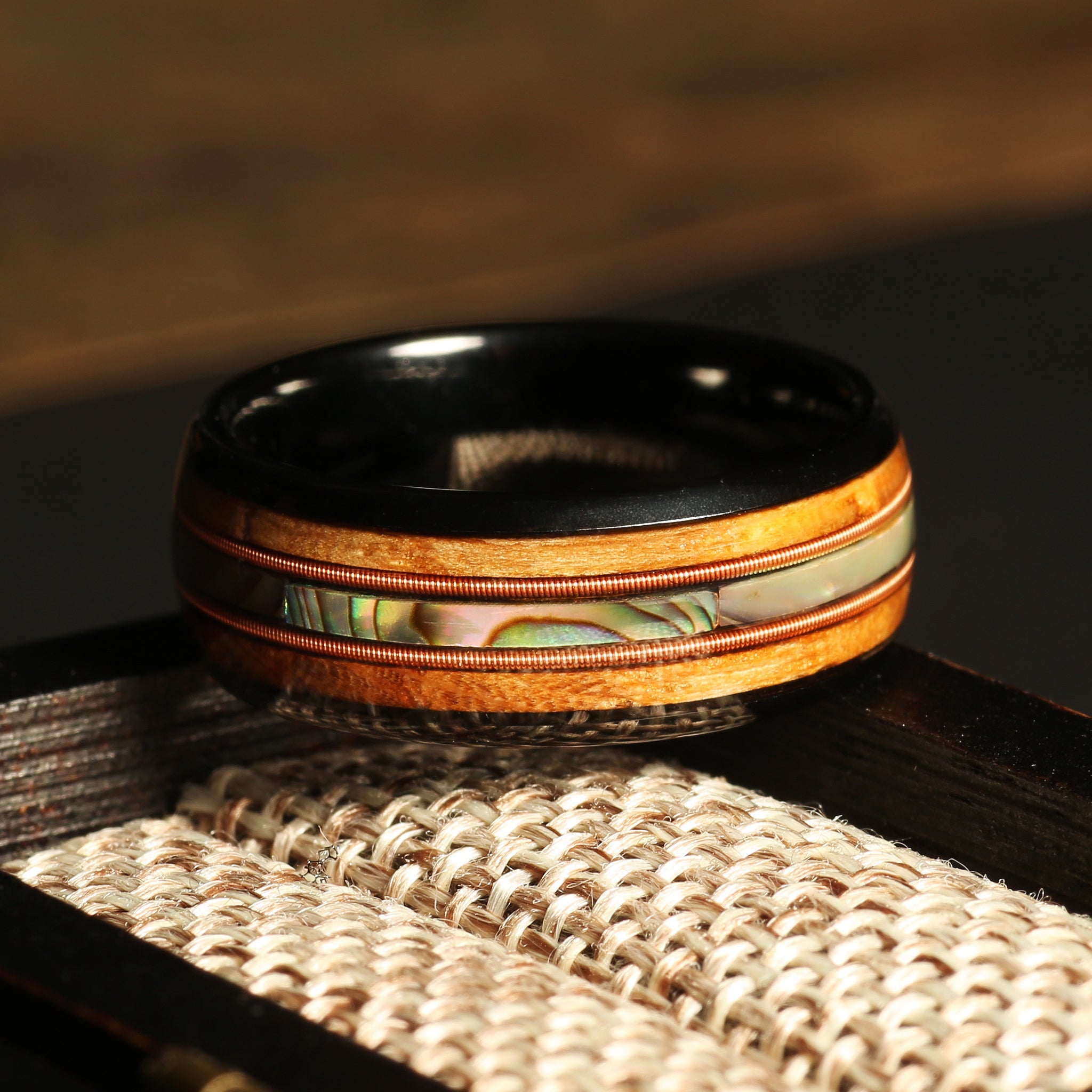 Whiskey Barrel Guitar String Abalone Wedding Band for Men | 8mm Black Tungsten Ring