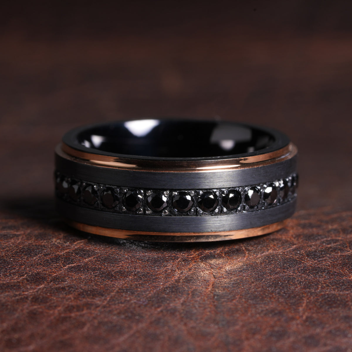 Black Tungsten Wedding Band for Men | 8mm Black Zircon Ring with Rose Gold Edge