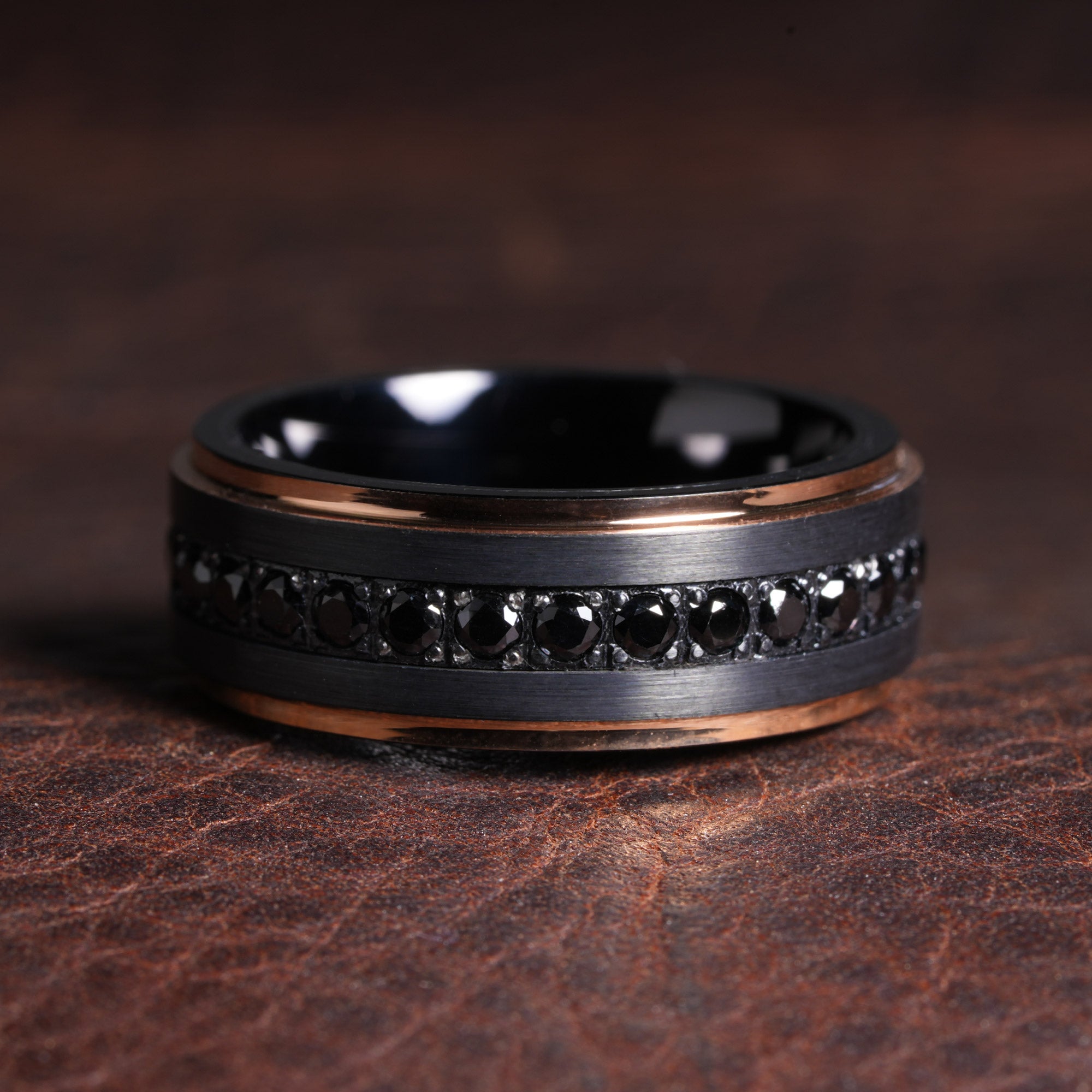Black Tungsten Wedding Band for Men | 8mm Black Zircon Ring with Rose Gold Edge