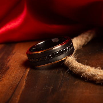 Black Zircon Wedding Band for Men | 8mm Black Tungsten Ring with Rose Gold Edge 4