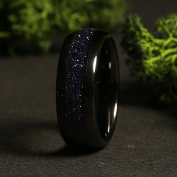 Galaxy Blue Sandstone Wedding Band for Men | 8mm Black Tungsten Ring 3