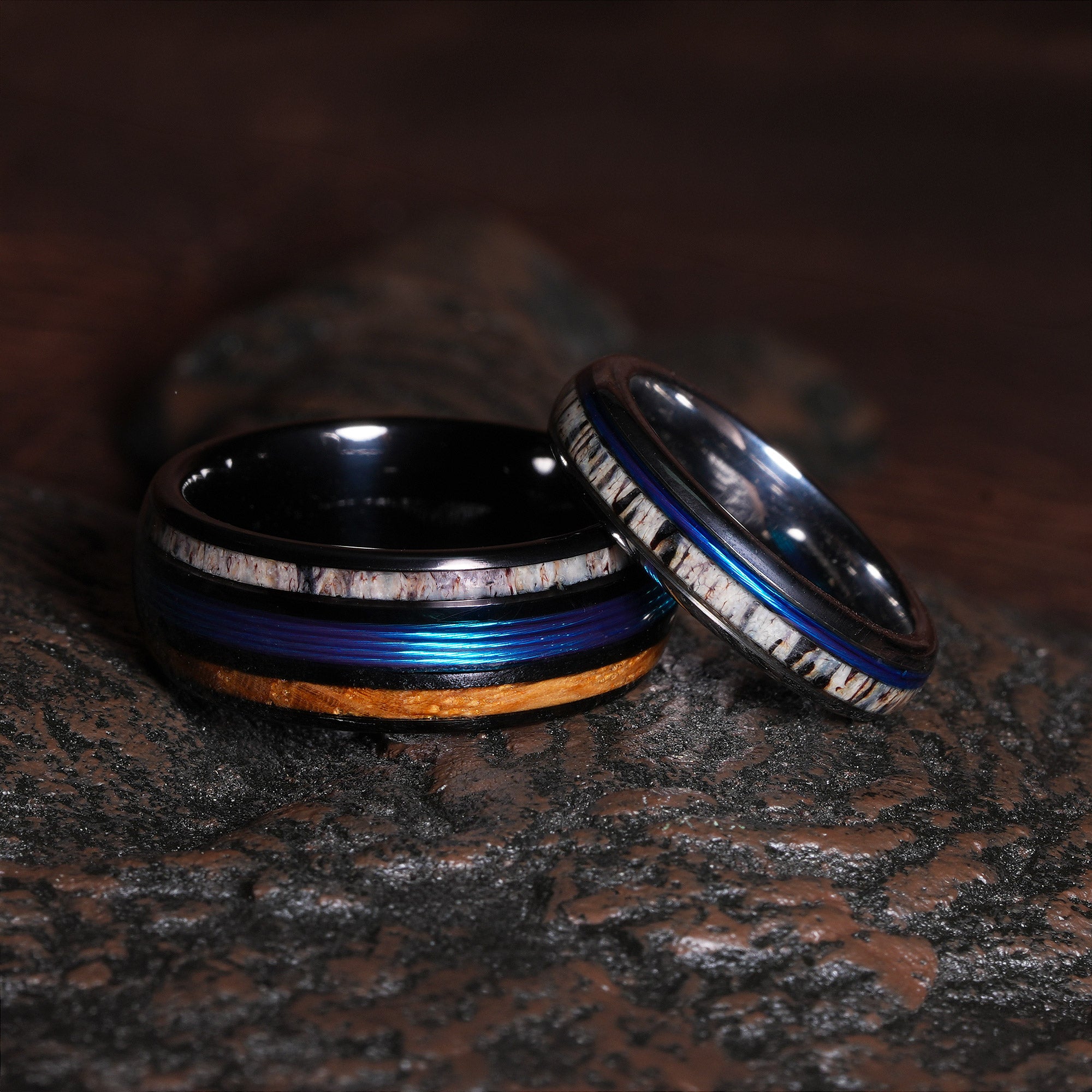 Deer Antler & Fishing Line Matching Wedding Band Set His and Hers | 8mm Black & 4mm Silver Tungsten Couple Rings