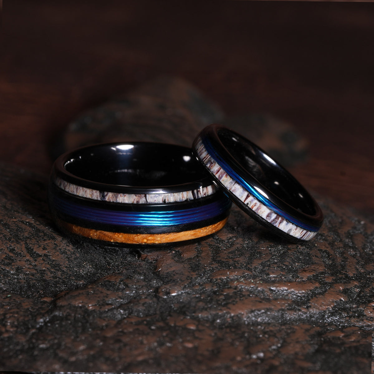 His and Hers Deer Antler Whiskey Barrel Fishing Line Matching Wedding Band Set | 8mm & 4mm Black Tungsten Couple Rings