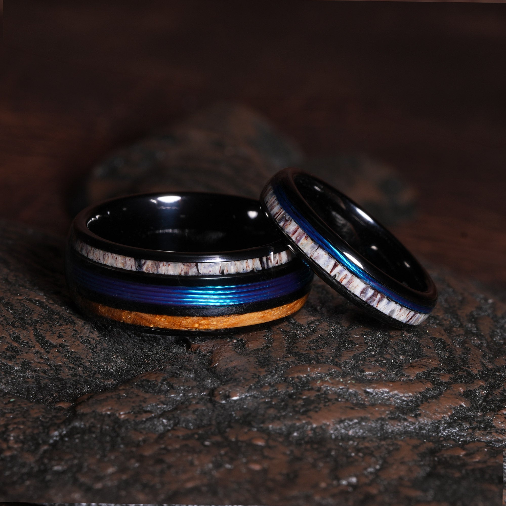 His and Hers Deer Antler Whiskey Barrel Fishing Line Matching Wedding Band Set | 8mm & 4mm Black Tungsten Couple Rings
