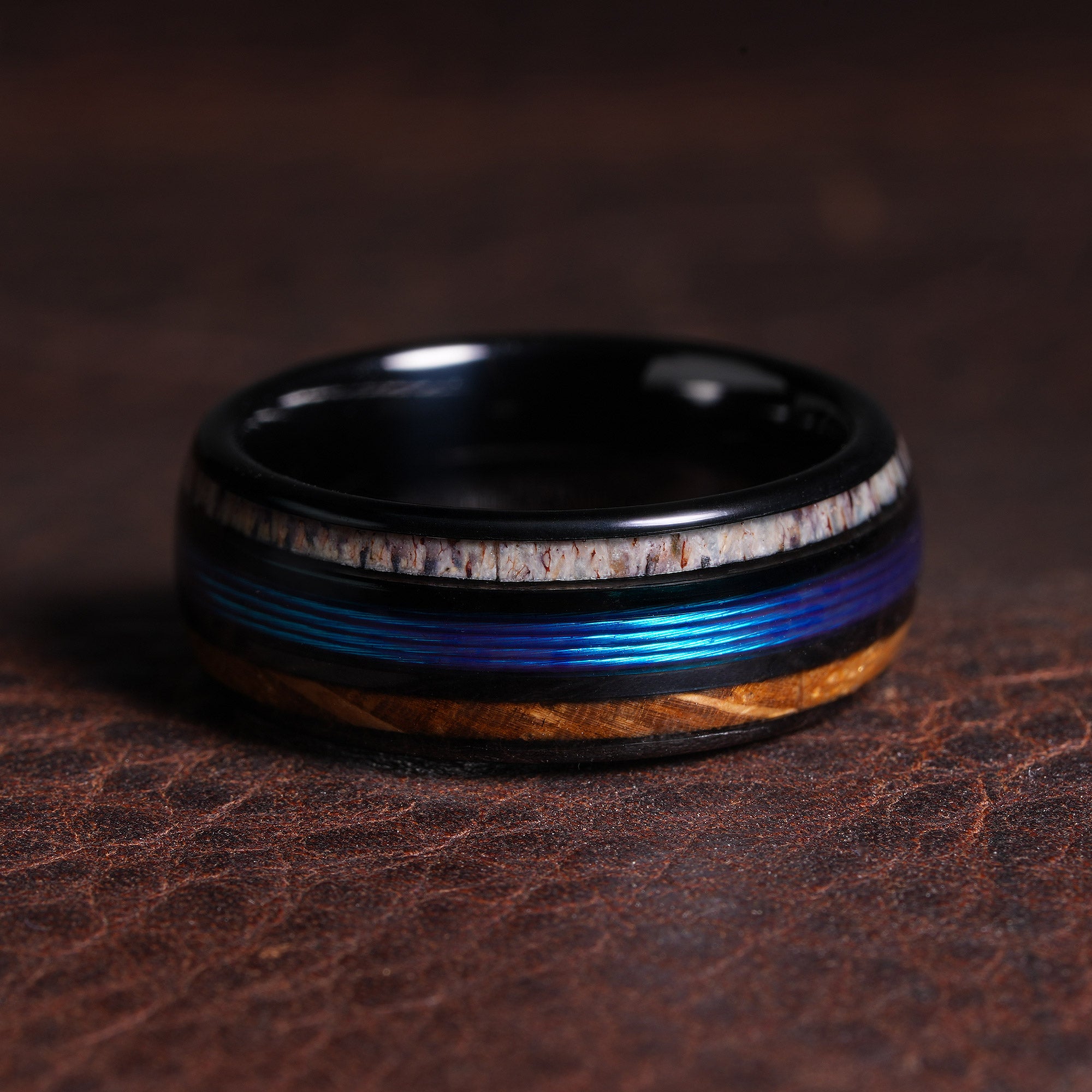 8mm Fishing Line Deer Antler Whiskey Barrel Wedding Band for Men | Black Tungsten Outdoorsman Ring