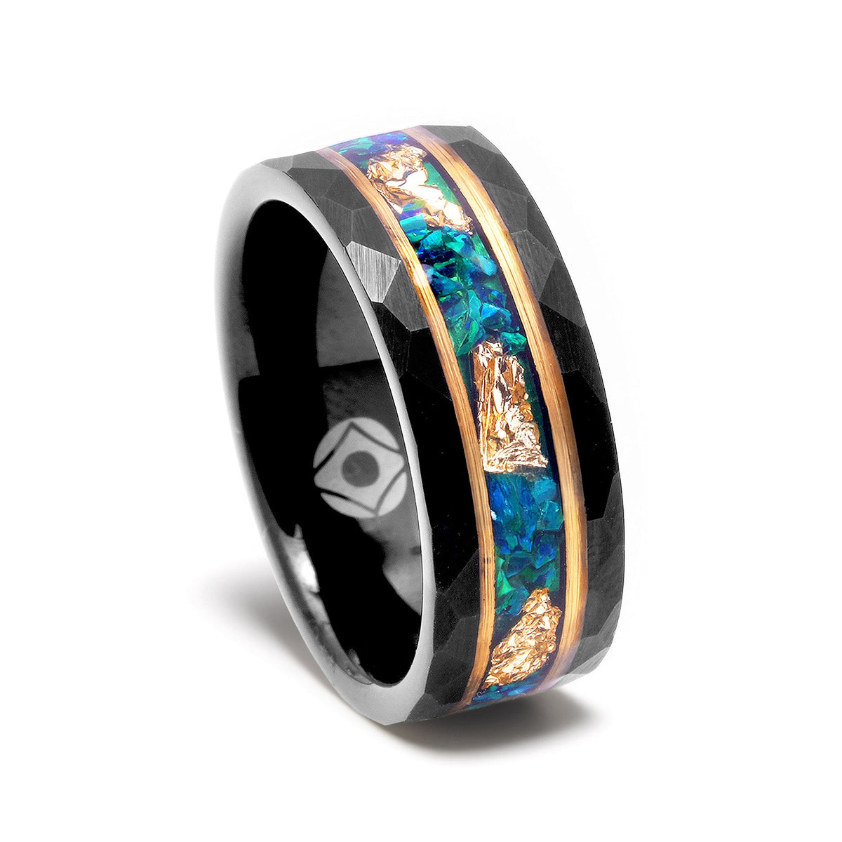 Blue green opal wedding ring for men with gold strip accents