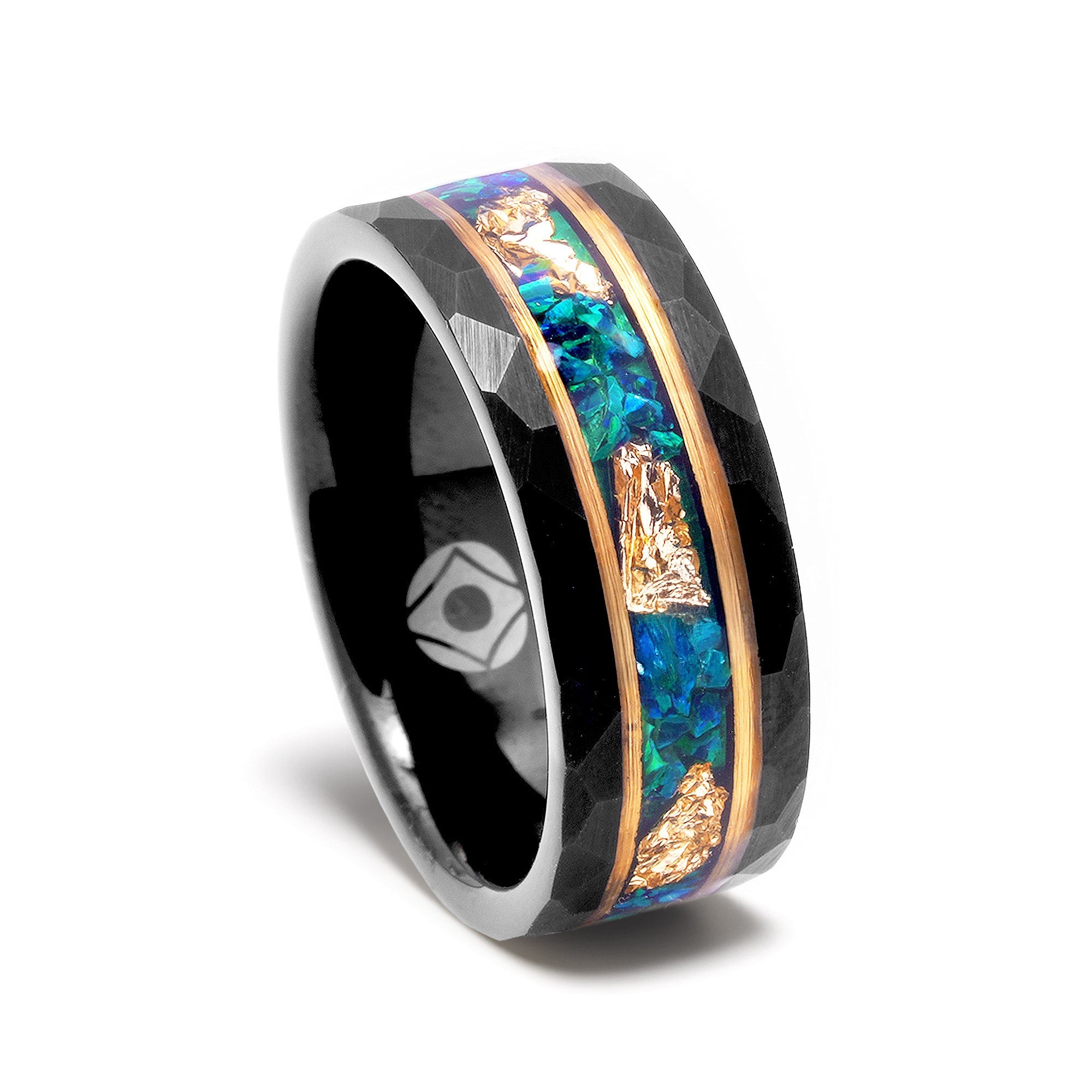Blue Green Opal Gold Leaf Wedding Band for Men | 8mm Black Hammered Tungsten Ring