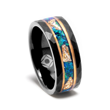 Blue Green Opal Gold Leaf Wedding Band for Men | 8mm Black Hammered Tungsten Ring 4