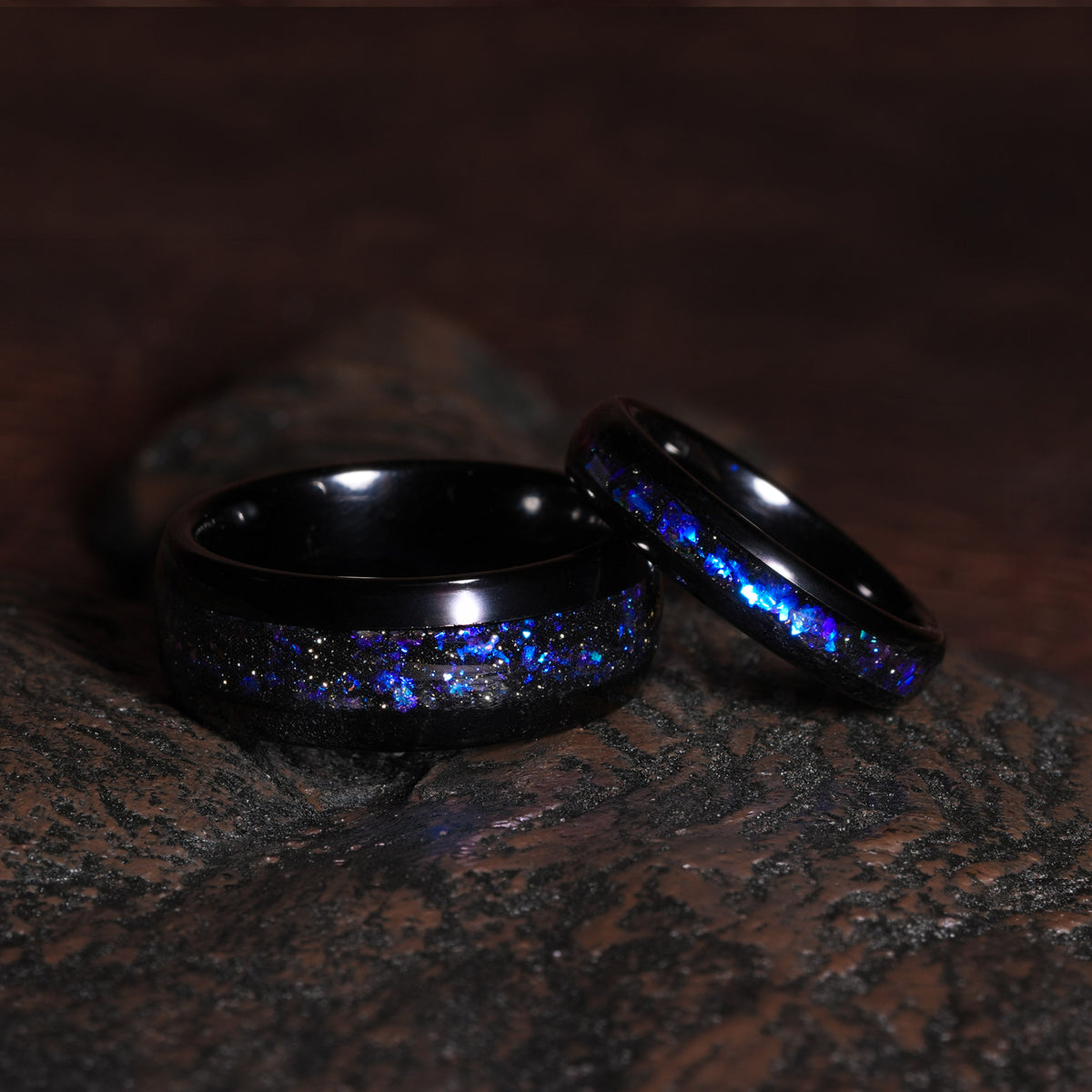 Meteorite Blue Opal Matching Wedding Band Set | 8mm & 4mm His and Hers Black Tungsten Rings