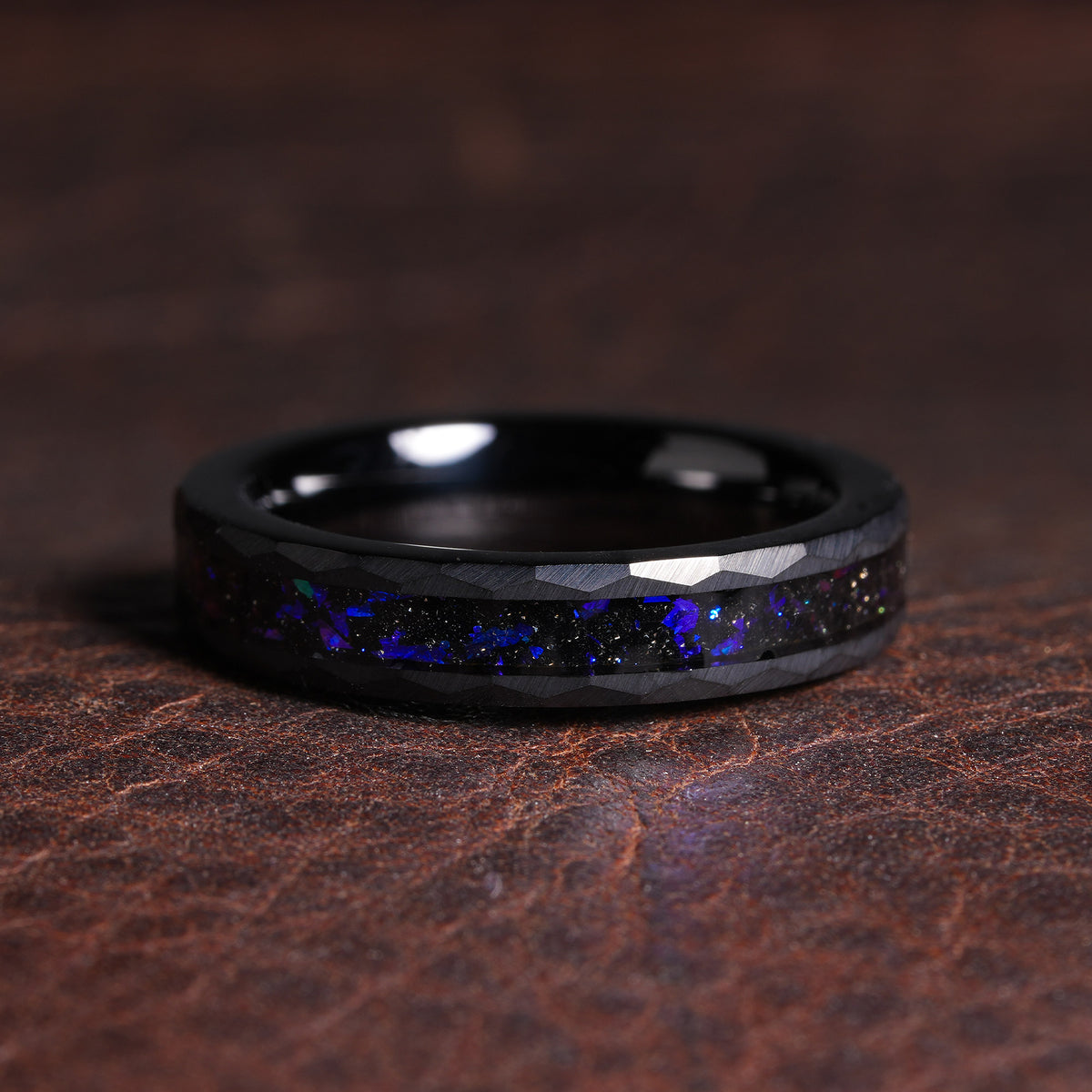 Blue Sandstone Ring for Women | 4mm Faceted Black Tungsten Band with Comfort Fit