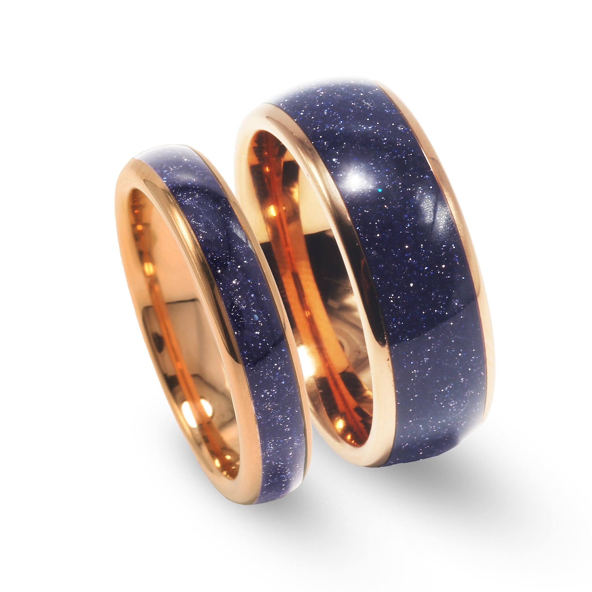 Blue Sandstone Matching Wedding Band Set | His and Hers Rose Gold Tungsten Rings