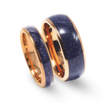 Blue Sandstone Matching Wedding Band Set | His and Hers Rose Gold Tungsten Rings 1