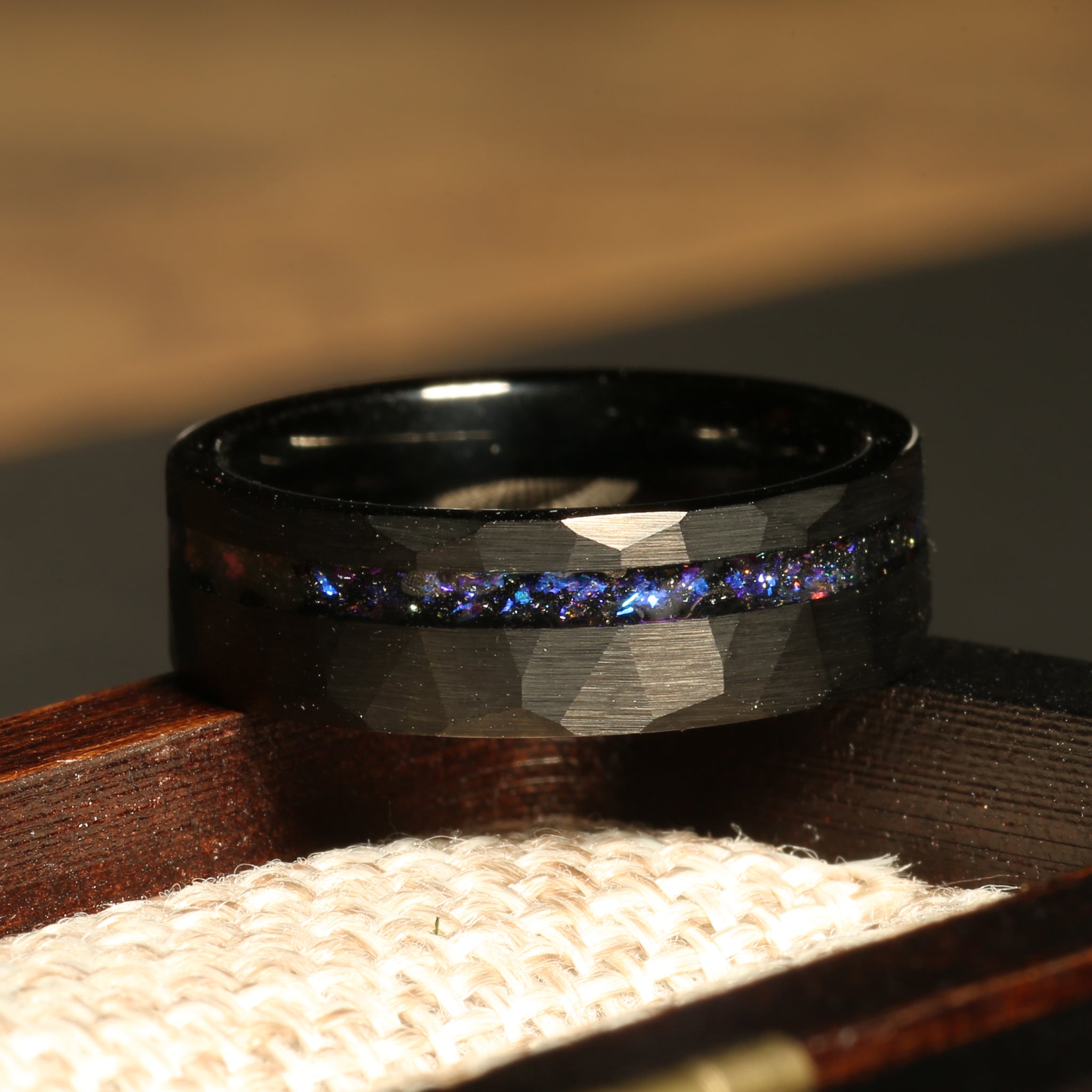 Blue Sandstone Wedding Band for Men | 6mm Faceted Black Tungsten Ring