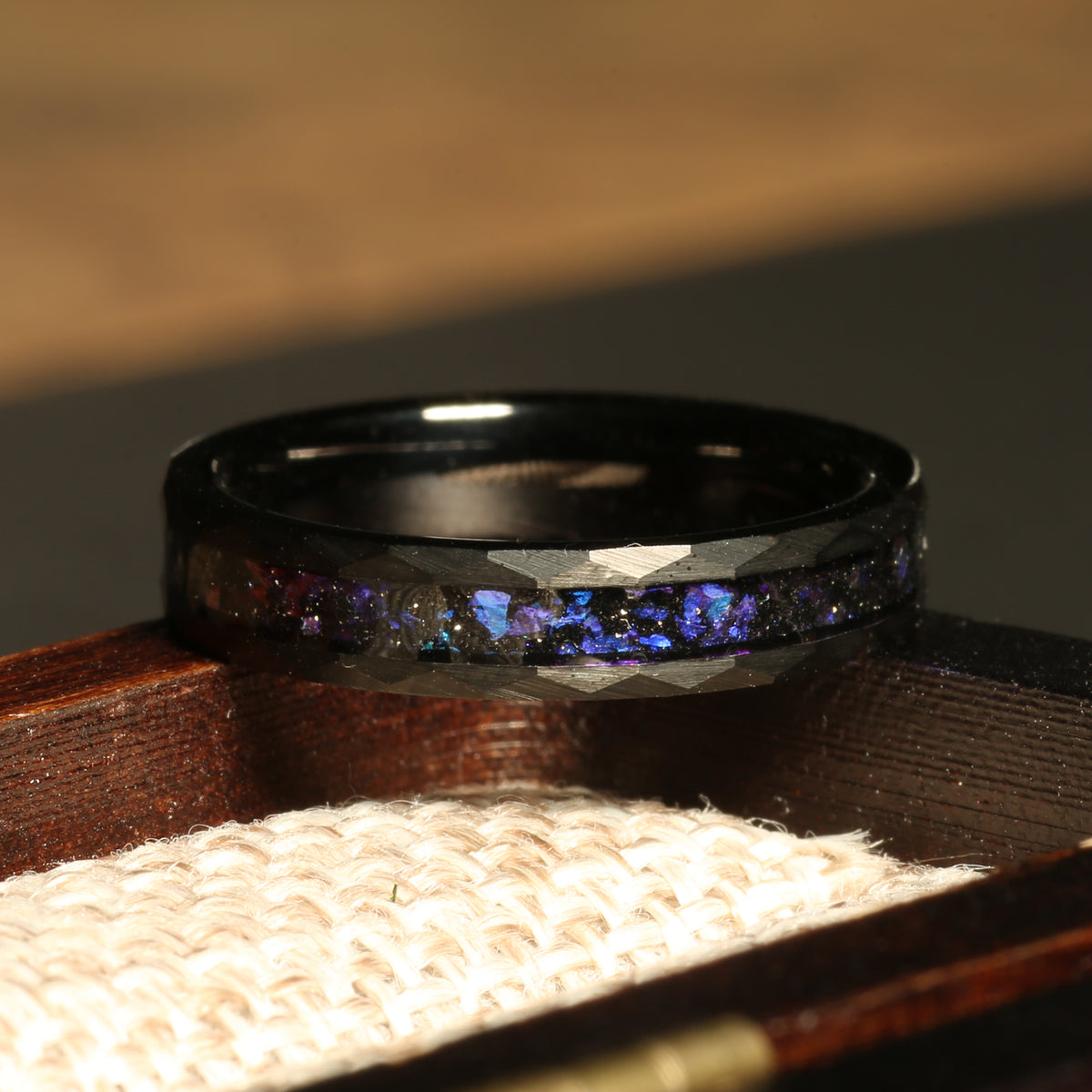 Blue sandstone ring for women with black tungsten