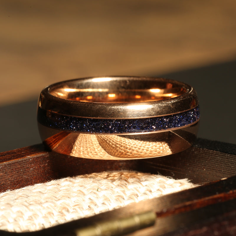Blue sandstone rose gold ring for men with tungsten