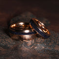 Cosmo Flare Blue Sandstone Matching Wedding Band Set | His and Hers 8mm & 4mm Rose Gold Tungsten Rings